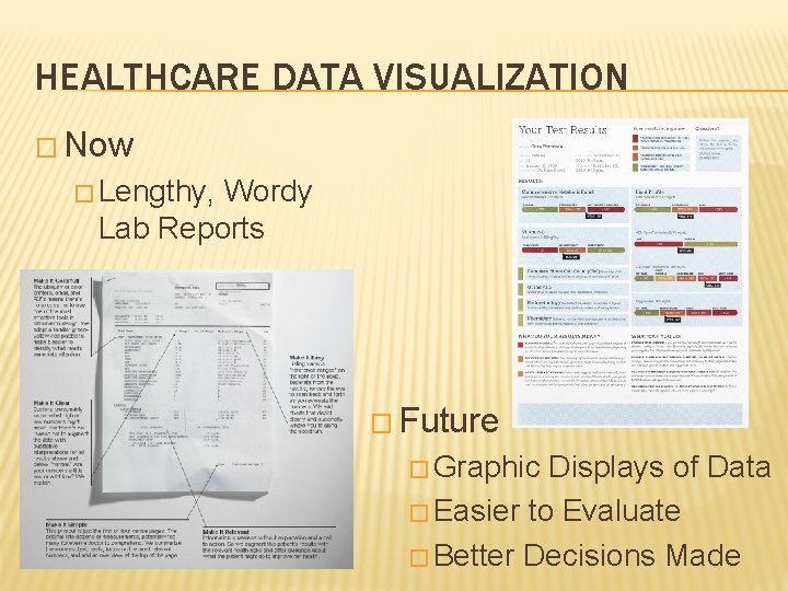 HEALTHCARE DATA VISUALIZATION � Now � Lengthy, Wordy Lab Reports � Future � Graphic