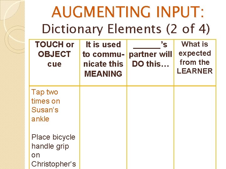 AUGMENTING INPUT: Dictionary Elements (2 of 4) TOUCH or OBJECT cue Tap two times