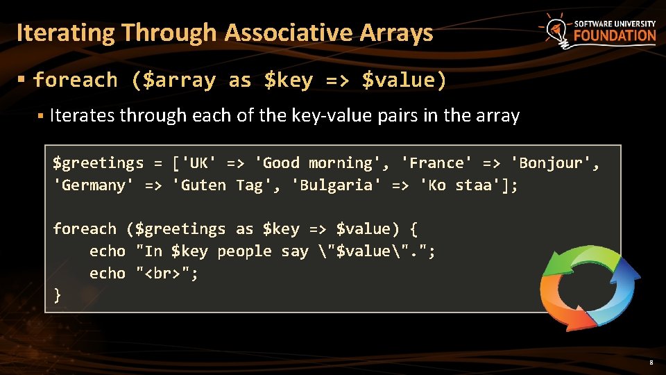 Iterating Through Associative Arrays § foreach ($array as $key => $value) § Iterates through