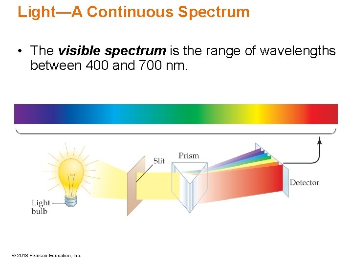 Light—A Continuous Spectrum • The visible spectrum is the range of wavelengths between 400