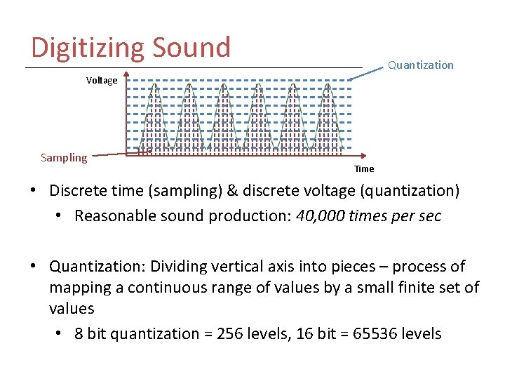 Digitizing Sound Quantization Voltage Sampling Time • Discrete time (sampling) & discrete voltage (quantization)