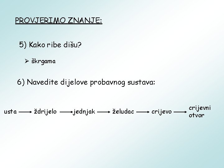 PROVJERIMO ZNANJE: 5) Kako ribe dišu? Ø škrgama 6) Navedite dijelove probavnog sustava: usta