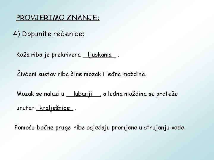PROVJERIMO ZNANJE: 4) Dopunite rečenice: Koža riba je prekrivena _____ ljuskama. Živčani sustav riba