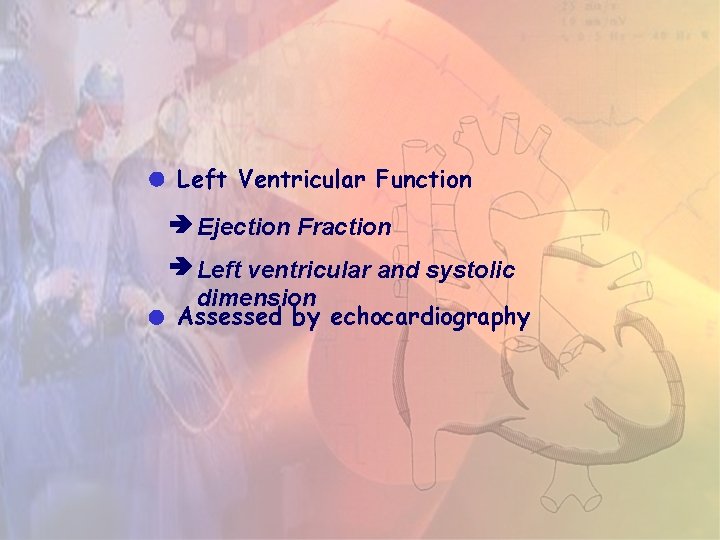 Left Ventricular Function Ejection Fraction Left ventricular and systolic dimension Assessed by echocardiography Left Ventricular Function Ejection Fraction Left ventricular and systolic dimension Assessed by echocardiography