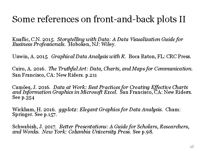 Some references on front-and-back plots II Knaflic, C. N. 2015. Storytelling with Data: A