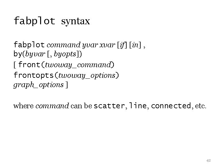fabplot syntax fabplot command yvar xvar [if] [in] , by(byvar [, byopts]) [ front(twoway_command)