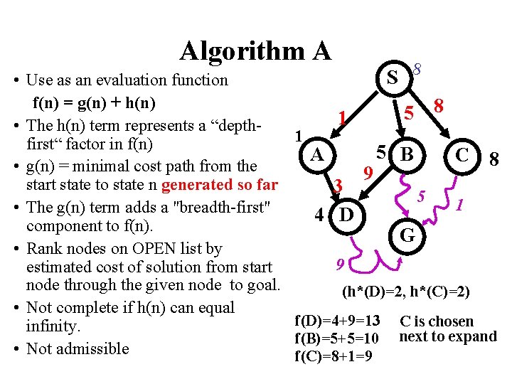 Algorithm A • Use as an evaluation function f(n) = g(n) + h(n) •