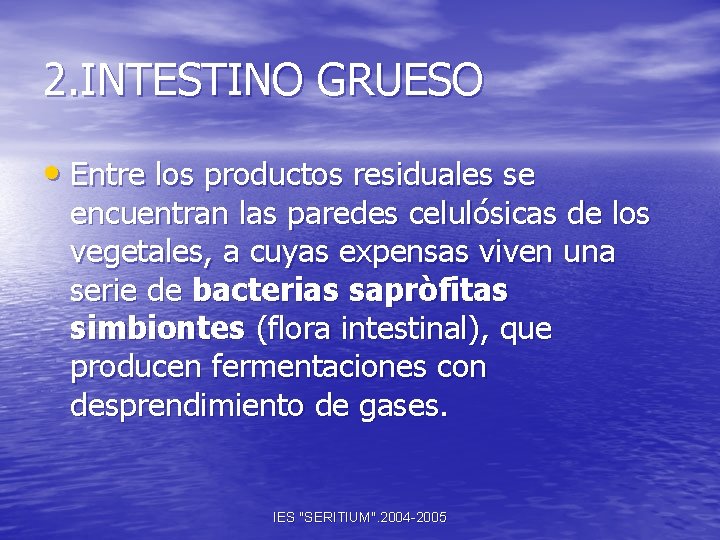 2. INTESTINO GRUESO • Entre los productos residuales se encuentran las paredes celulósicas de