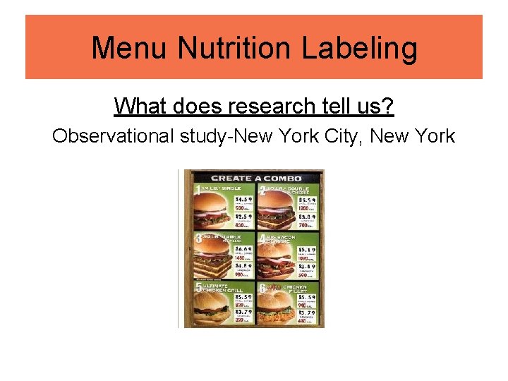 Menu Nutrition Labeling What does research tell us? Observational study-New York City, New York