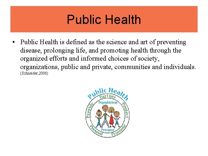 Public Health • Public Health is defined as the science and art of preventing