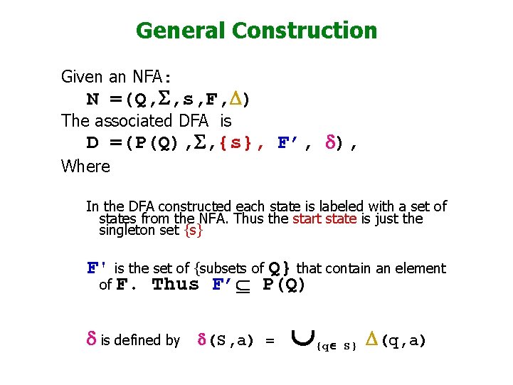 General Construction Given an NFA: N =(Q, S, s, F, ) The associated DFA