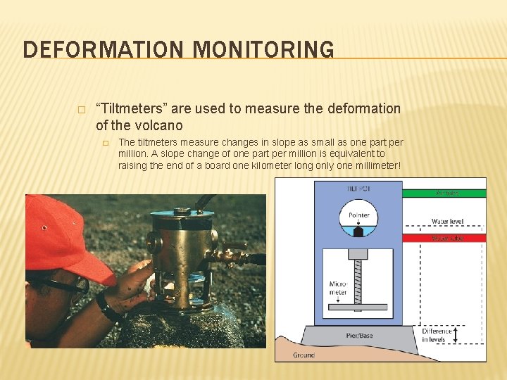 DEFORMATION MONITORING � “Tiltmeters” are used to measure the deformation of the volcano �