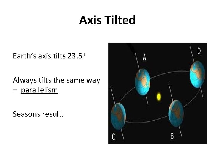 Axis Tilted Earth’s axis tilts 23. 50 Always tilts the same way = parallelism