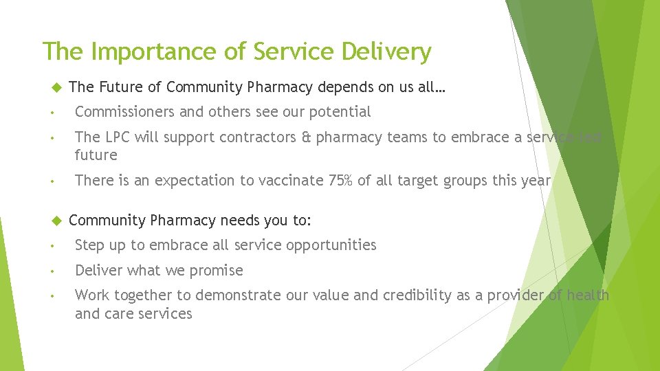 The Importance of Service Delivery The Future of Community Pharmacy depends on us all…