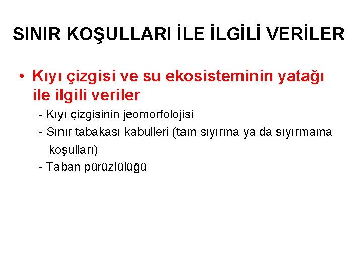 SINIR KOŞULLARI İLE İLGİLİ VERİLER • Kıyı çizgisi ve su ekosisteminin yatağı ile ilgili