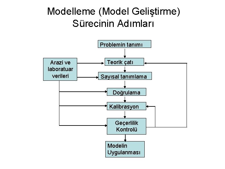 Modelleme (Model Geliştirme) Sürecinin Adımları Problemin tanımı Arazi ve laboratuar verileri Teorik çatı Sayısal