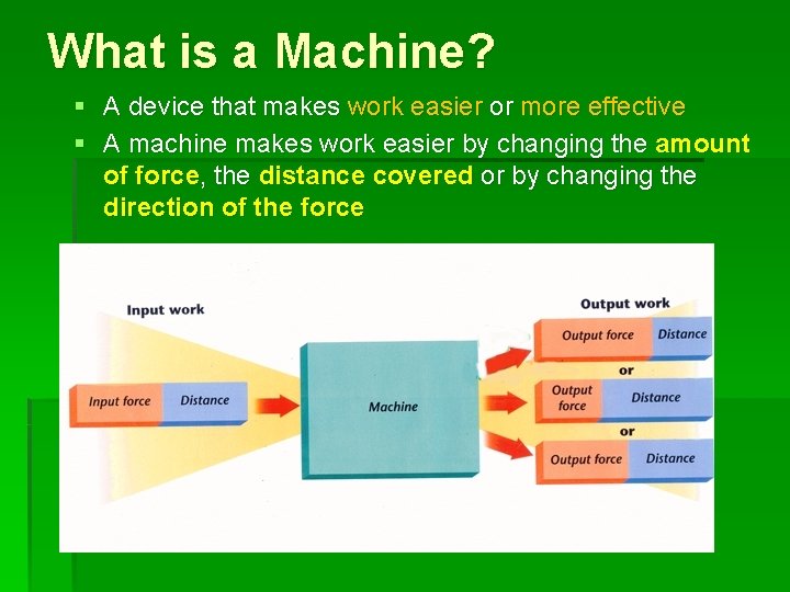 What is a Machine? § A device that makes work easier or more effective What is a Machine? § A device that makes work easier or more effective