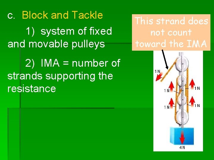 c. Block and Tackle 1) system of fixed and movable pulleys 2) IMA = c. Block and Tackle 1) system of fixed and movable pulleys 2) IMA =
