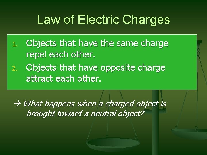 Law of Electric Charges 1. 2. Objects that have the same charge repel each