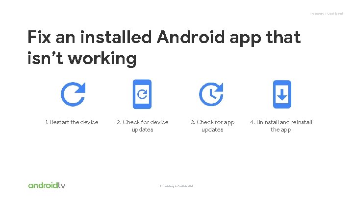 Proprietary + Confidential Fix an installed Android app that isn’t working 1. Restart the