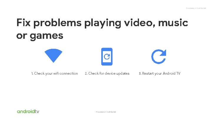 Proprietary + Confidential Fix problems playing video, music or games 1. Check your wifi