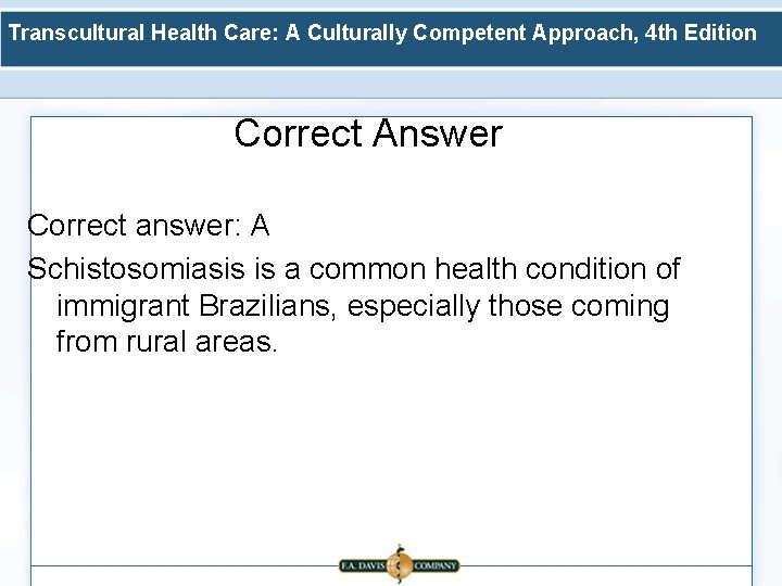 Transcultural Health Care: A Culturally Competent Approach, 4 th Edition Correct Answer Correct answer: