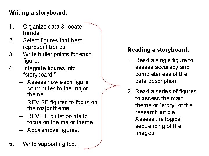 Writing a storyboard: 1. Organize data & locate trends. 2. Select figures that best