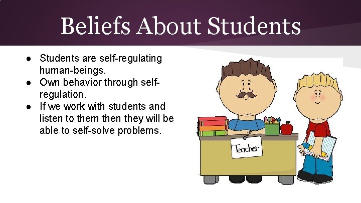 Beliefs About Students ● Students are self-regulating human-beings. ● Own behavior through selfregulation. ●