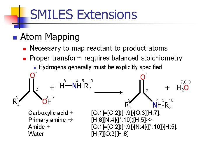 SMILES Extensions n Atom Mapping n n Necessary to map reactant to product atoms