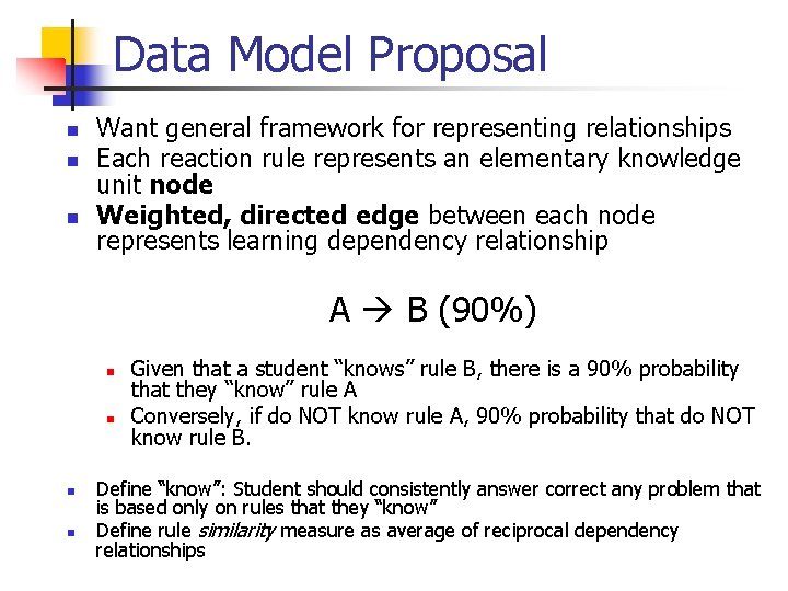 Data Model Proposal n n n Want general framework for representing relationships Each reaction