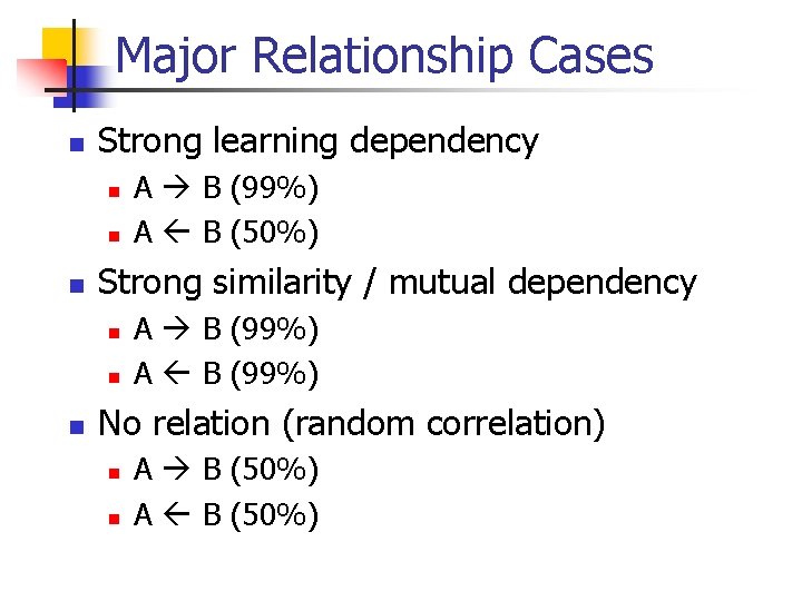 Major Relationship Cases n Strong learning dependency n n n Strong similarity / mutual
