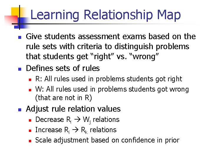 Learning Relationship Map n n Give students assessment exams based on the rule sets