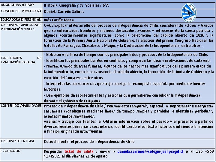 ASIGNATURA /CURSO Historia, Geografía y Cs. Sociales / 6°A NOMBRE DEL PROFESOR/A Daniela Carreño