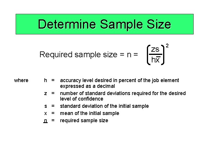 Determine Sample Size Required sample size = n = where h = z =