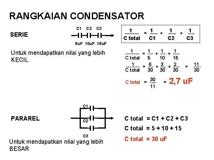 RANGKAIAN CONDENSATOR C 1 C 2 C 3 SERIE 5 u. F 10 u.