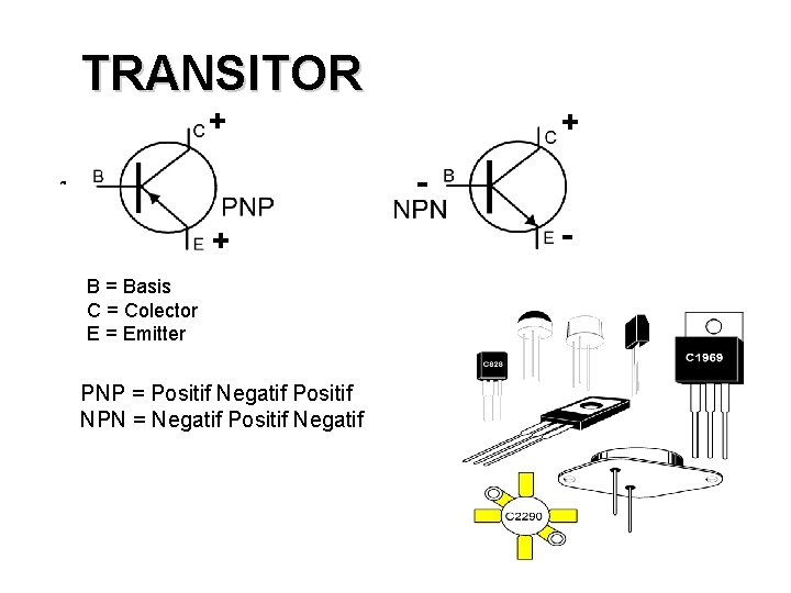TRANSITOR + + - - + B = Basis C = Colector E =