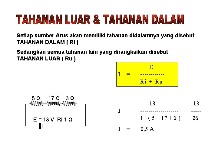 Setiap sumber Arus akan memiliki tahanan didalamnya yang disebut TAHANAN DALAM ( Ri )