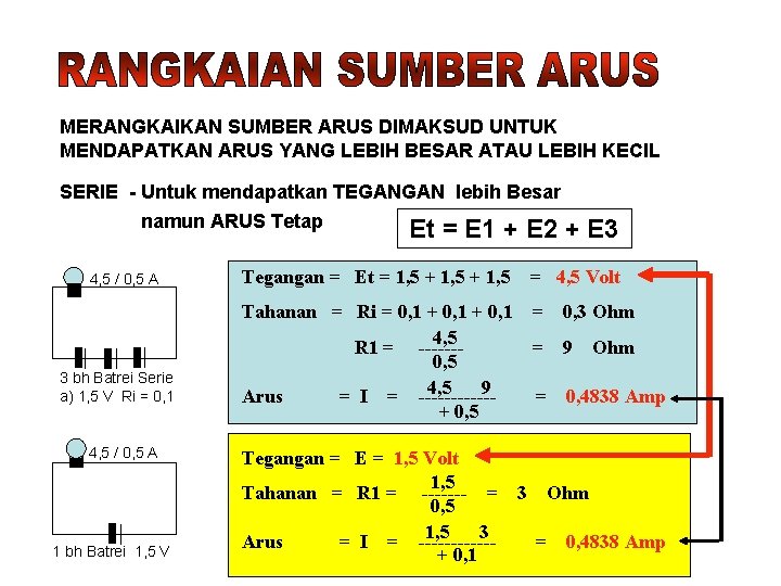 MERANGKAIKAN SUMBER ARUS DIMAKSUD UNTUK MENDAPATKAN ARUS YANG LEBIH BESAR ATAU LEBIH KECIL SERIE