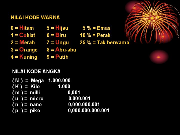 NILAI KODE WARNA 0 = Hitam 1 = Coklat 2 = Merah 3 =