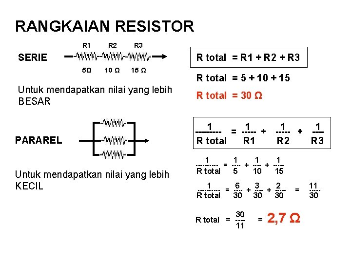 RANGKAIAN RESISTOR R 1 R 2 R 3 SERIE R total = R 1