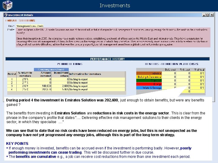 Investments During period 4 the investment in Emirates Solution was 202, 600, just enough