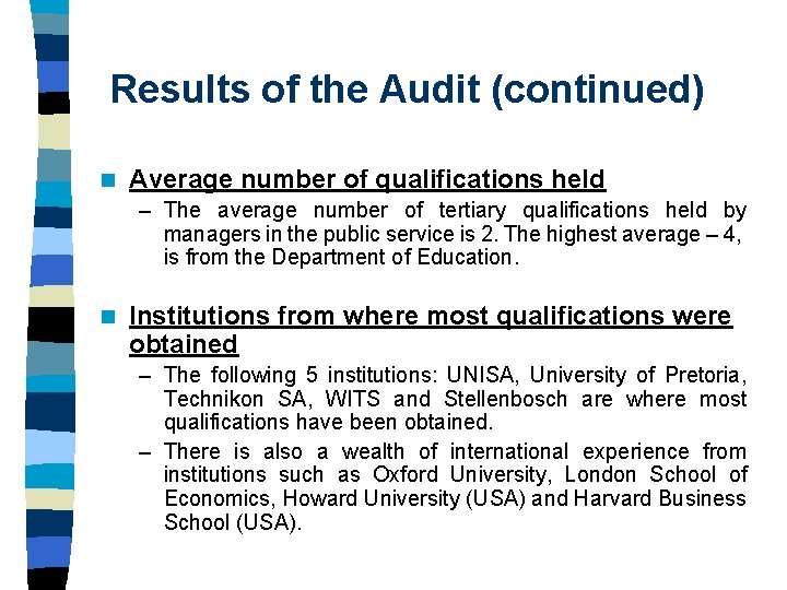 Results of the Audit (continued) n Average number of qualifications held – The average Results of the Audit (continued) n Average number of qualifications held – The average