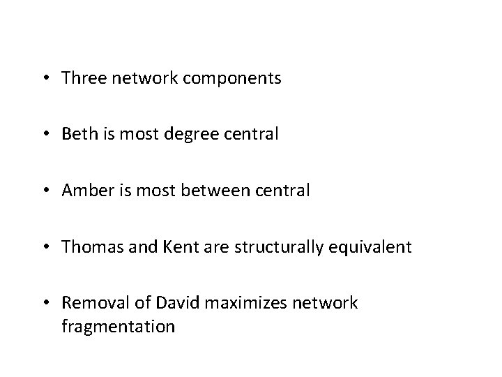  • Three network components • Beth is most degree central • Amber is
