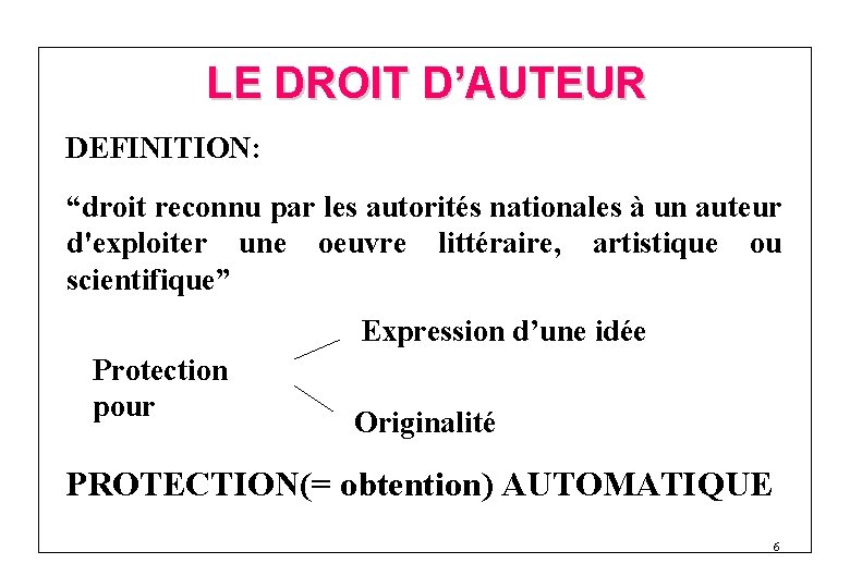 LE DROIT D’AUTEUR DEFINITION: “droit reconnu par les autorités nationales à un auteur d'exploiter