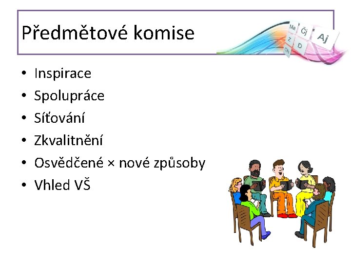 Předmětové komise • • • Inspirace Spolupráce Síťování Zkvalitnění Osvědčené × nové způsoby Vhled