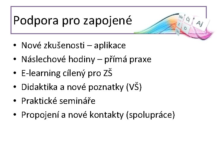 Podpora pro zapojené • • • Nové zkušenosti – aplikace Náslechové hodiny – přímá