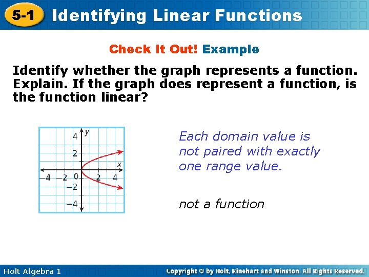 5 -1 Identifying Linear Functions Check It Out! Example Identify whether the graph represents