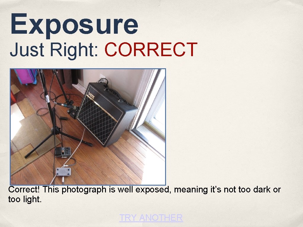 Exposure Just Right: CORRECT Correct! This photograph is well exposed, meaning it’s not too