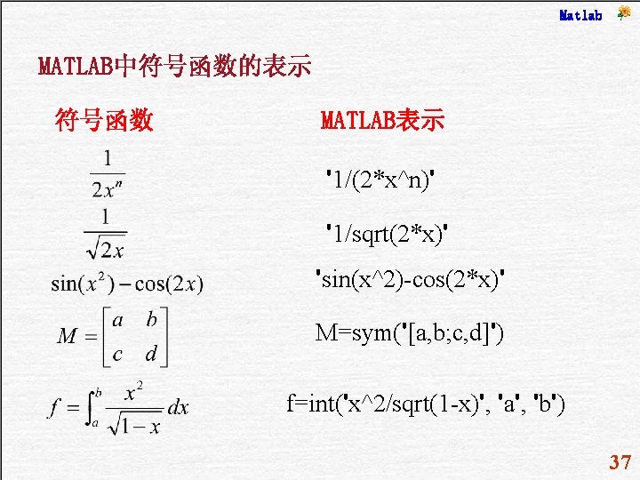 Matlab MATLAB中符号函数的表示 符号函数 MATLAB表示 '1/(2*x^n)' '1/sqrt(2*x)' 'sin(x^2)-cos(2*x)' M=sym('[a, b; c, d]') f=int('x^2/sqrt(1 -x)', 'a',