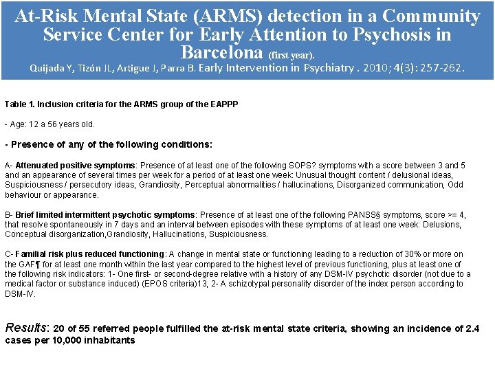 At-Risk Mental State (ARMS) detection in a Community Service Center for Early Attention to